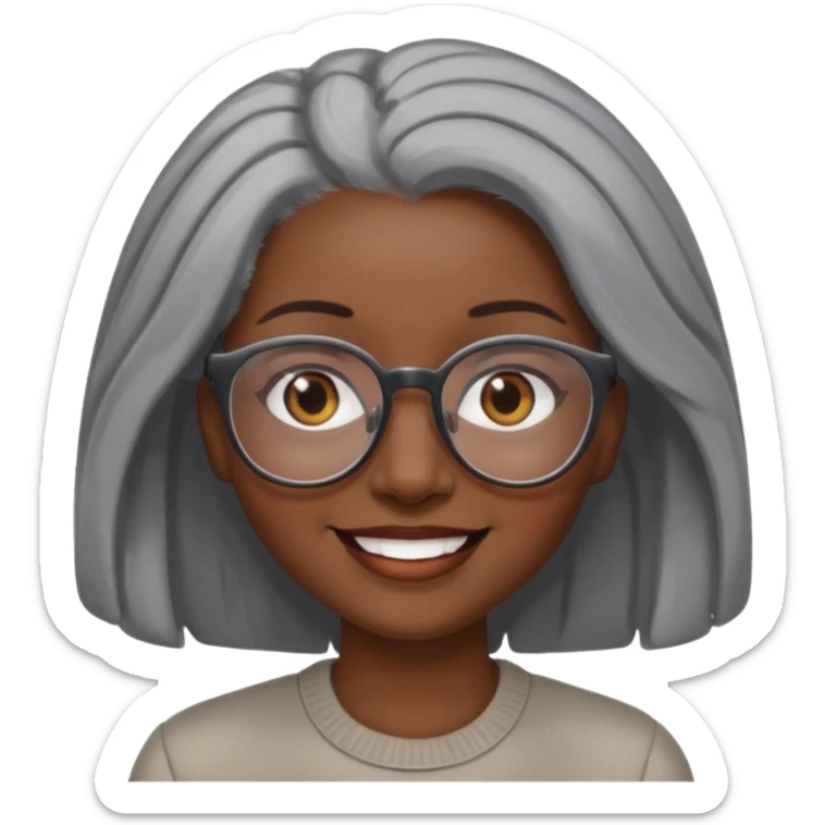 smiling dark black woman wearing glasses with lots of gray hair a sticker