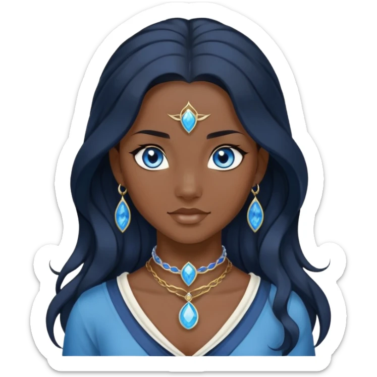 katara avatar with blue eyes, dark skin, long wavy jet black hair, sapphire on choker necklace  sticker