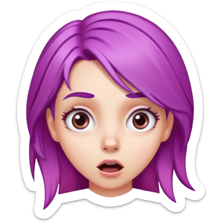 face of a white girl with purple and pink hair, surprised expression sticker