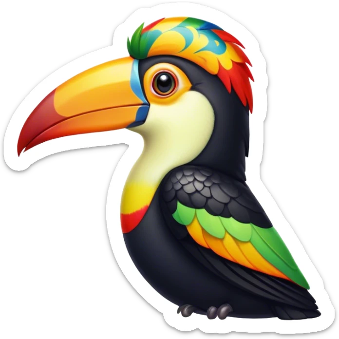 Cinematic Noble Toucan Portrait Emoji, Poised and regal, with a vibrant, striking beak and a sleek, colorful body adorned with bold patterns and keen, observant eyes, Simplified yet sharp and sophisticated features, highly detailed, glowing with a soft, tropical radiance, high shine, intelligent and majestic, stylized with an air of exotic elegance, focused and alert, soft glowing outline, capturing the essence of a watchful and confident avian guardian that appears ready to take flight out of the screen with effortless authority! sticker