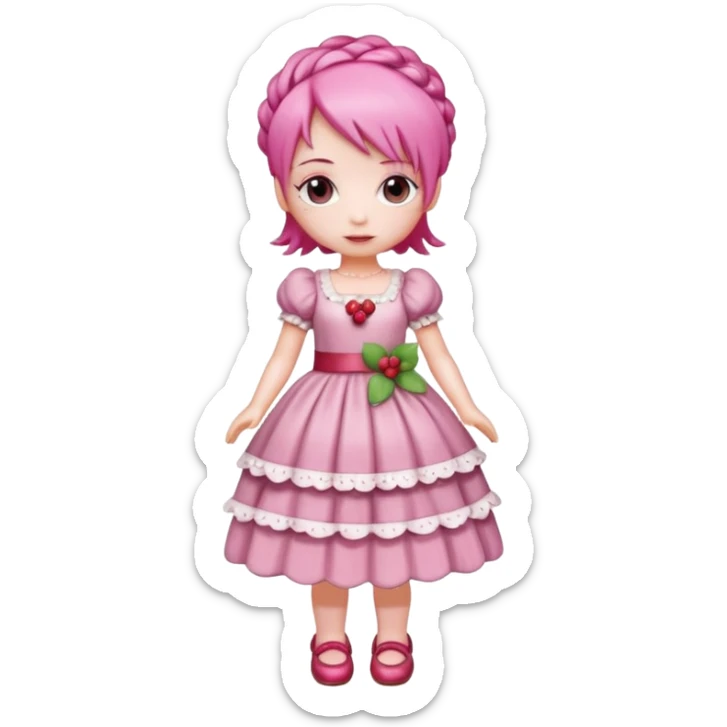 Isolated detaile illustration of the most modern raspberry torte doll figurine full body with pink hair sticker
