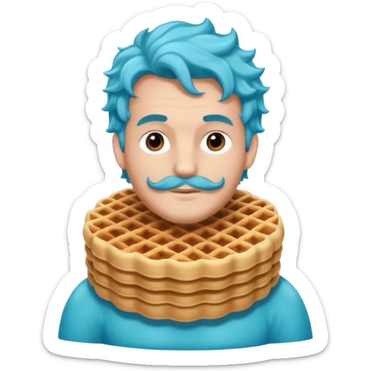 Crée un homme sirène avec une queue bleu turquoise et des long cheveux bouclé chatin en train de manger une gaufre  sticker