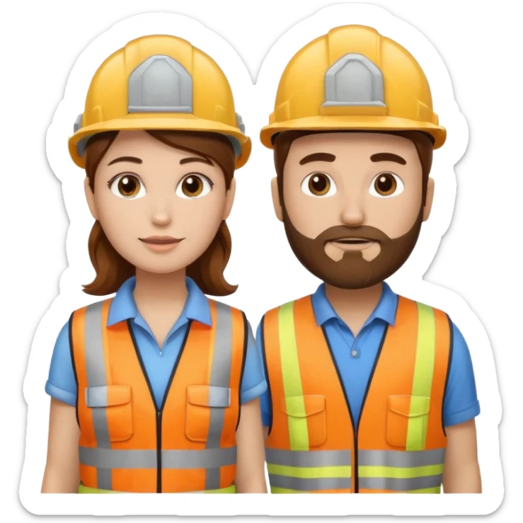 me haces una mujer pelo marron y un hombre con barba , que ambos esten vestidos como constructores de obra que sean blancos de piel  sticker