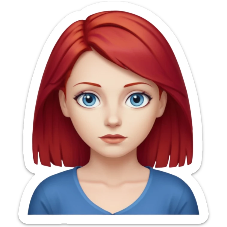 create a woman shrugging emoji, she is white, has blue eyes and cherry red hair sticker