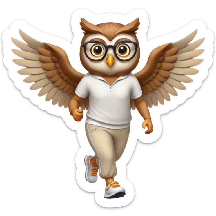 friendly anthropomorphised owl with wings instead of arms, in pants and a shirt, wearing glasses, jogging upright, standard pose sticker