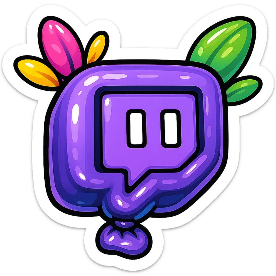 Chunky, smooth, and glossy Twitch logo, cartoon style, bold outline, strong shadows, bright highlights, decorated with colorful leaves, no background. Extra attention to contours and shine, in the style of the reference image, but even more rounded. sticker