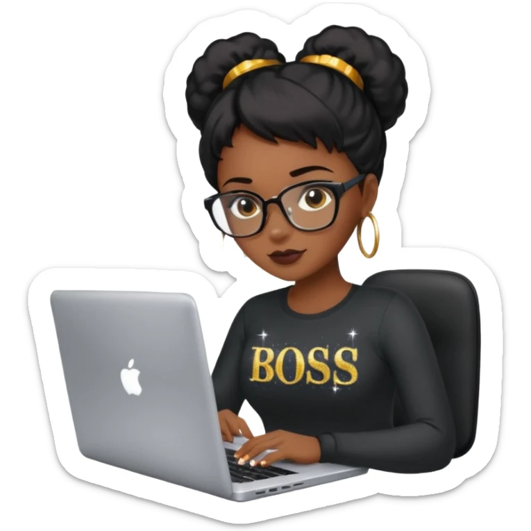 black pretty girl working hard with sparkles on laptop "boss lady" spelled out on shirt sticker