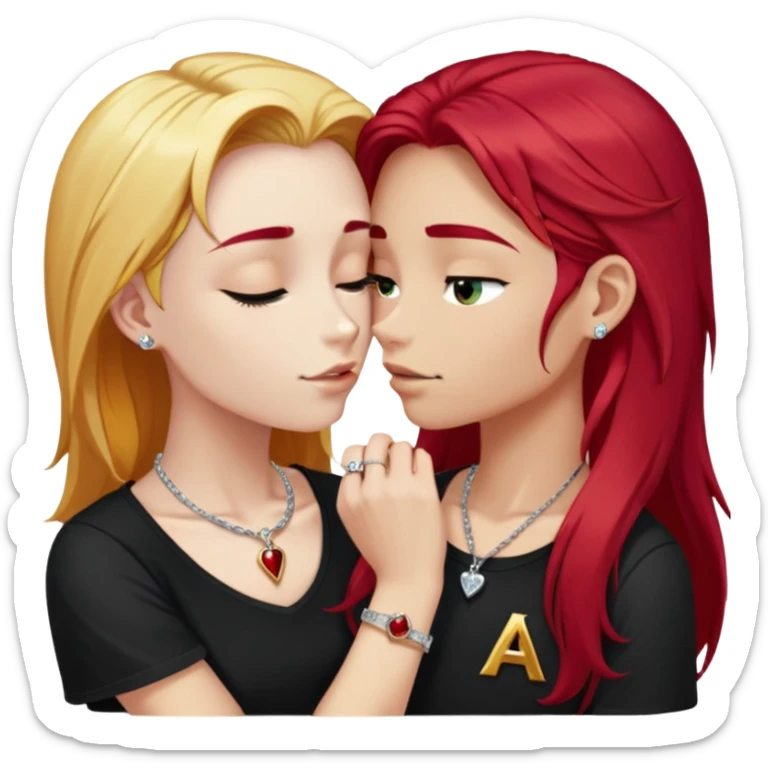 close-up of 20 year old couple kissing, girl with long cherry red hair, blonde eyebrows, gold necklace with letter A, diamond gold ring, red bracelet, boy with bright white hair wearing silver ring with black stone and dark t-shirt sticker