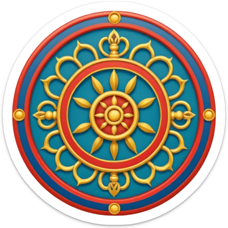 Tibetan Wheel of Life (Bhavachakra) emoji, traditional depiction with six realms, twelve links, and Yama, authentic Tibetan color palette and iconography, simplified for emoji format sticker