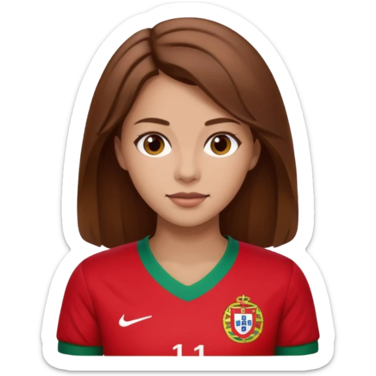 Une femme brune cheveux un peu long et qui a un maillot du portugal sticker