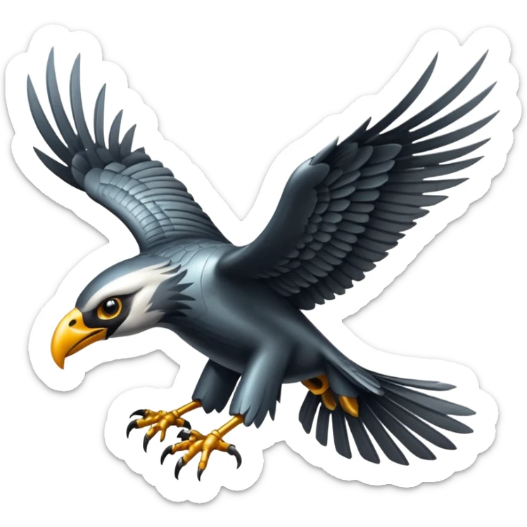 Emoji-style icon of a large metallic predatory bird flying, sharp wings, steel texture, dramatic pose, dark background sticker