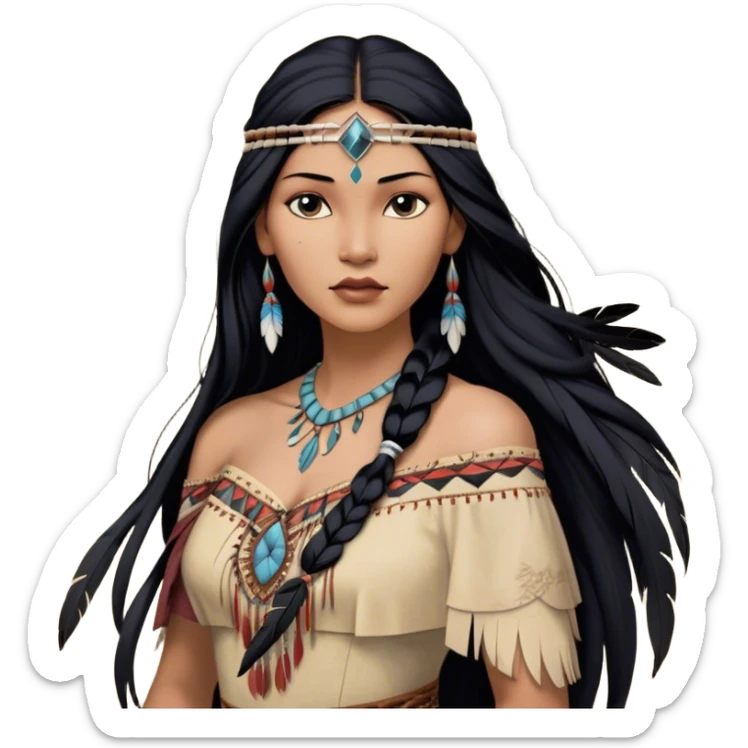 Cinematic Realistic Pocahontas Portrait, depicted with lifelike skin texture, soft natural lighting, and intricately detailed long, flowing raven-black hair that moves gracefully in the wind. Her deep, soulful dark brown eyes exude wisdom and strength, complemented by a serene yet powerful expression. She is shown gently holding a feather in one hand, her other hand resting lightly at her side, embodying the harmonious balance between nature and herself. She is dressed in her classic one-shoulder native American dress, with rich fabric textures and delicate beaded details that catch the light beautifully. The portrait features a soft, sun-kissed glow with a natural, radiant finish, capturing the essence of untamed beauty and deep connection to nature in a realistic and painterly style, evoking a sense of depth and authenticity. sticker
