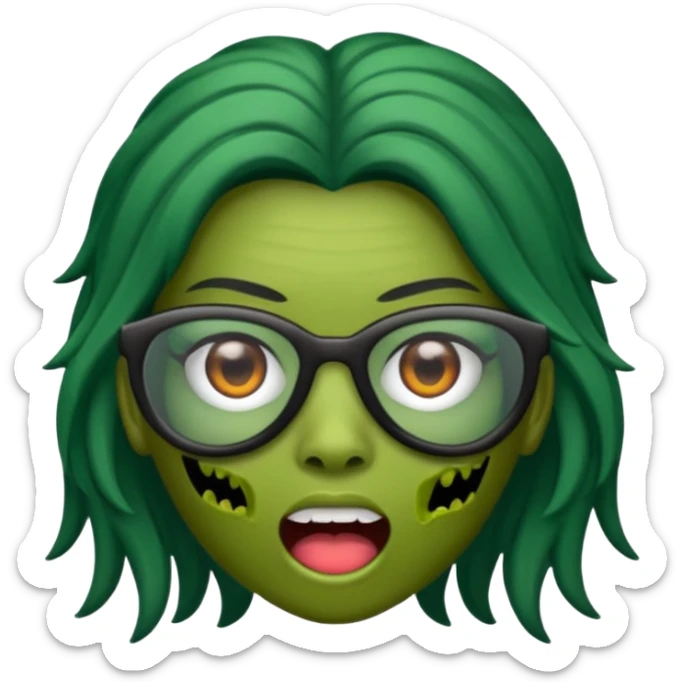 crie um emoji de zumbi feminino, com pele verde, óculos preto e cabelo longo preto sticker