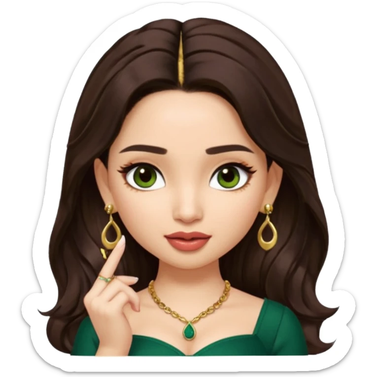 pretty bratz genmoji that looks like tamannah bhatia (bollywood actress), wearing a dark green sweetheart neckline top, dark brown hair, light makeup, no necklace, dangly earrings, side hair part, fair. dark brown eyes, long hair

Show her licking her finger  sticker