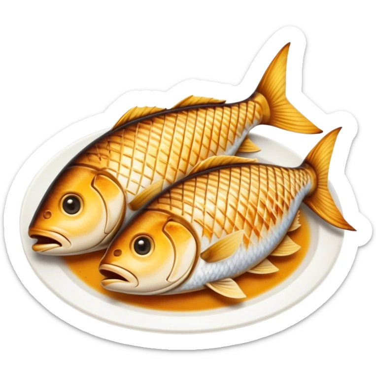 Gradele Cinematic Realistic Gradele Dish Emoji, depicted as 2 perfectly grilled fish with prominent grill marks and a smoky finish, rendered with vivid textures and dynamic, natural lighting. sticker
