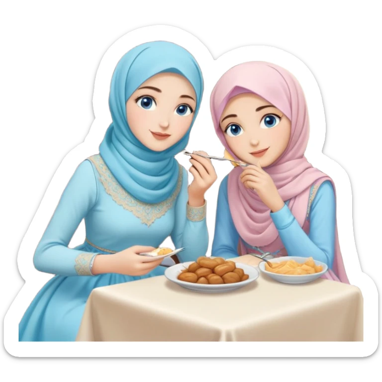 Turkish beautiful finish Konya girls blue eyes with pastel hijab long tail dress and the two friends sits on the chair on the ground and eating the food in the restaurant  sticker