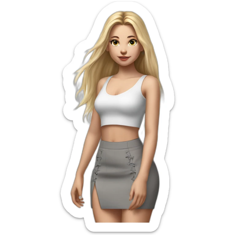 hyperrealist caucasian girl, long straight blonde hair, white v-neck laced crop top, grey tight micro skirt, walking towards camera sticker