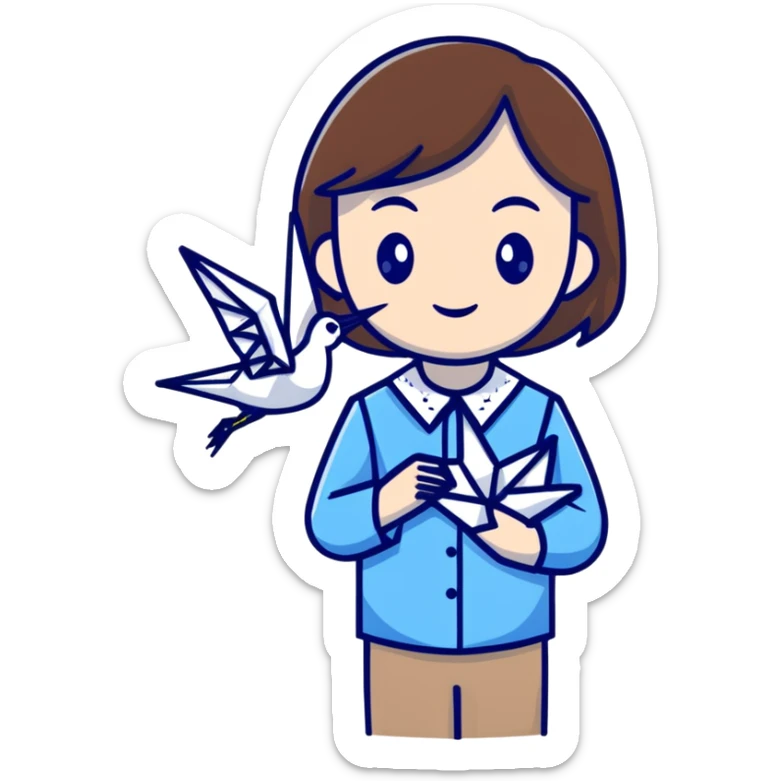 A happy Ukrainian young girl with brown hair in a white embroidered shirt holds an origami blue crane sticker