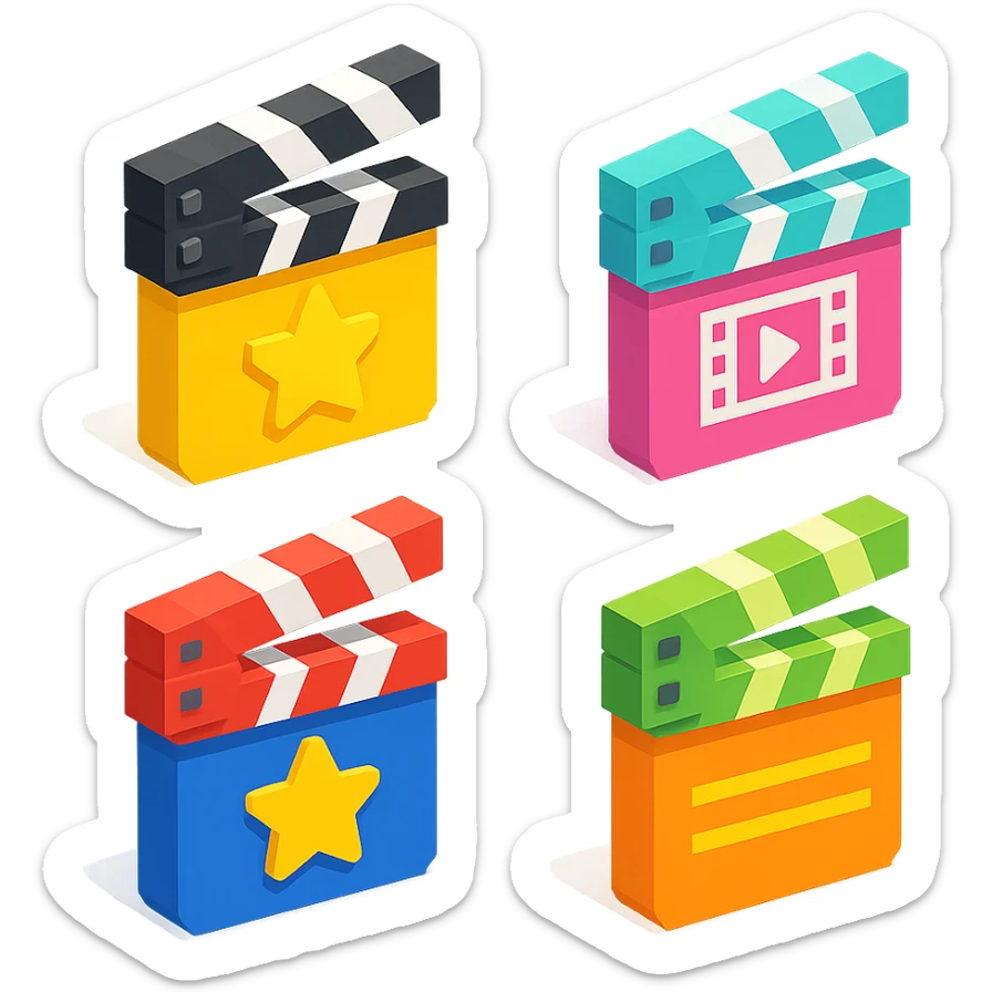 isometric view set of movie clapperboards in voxel style, various colors and patterns on lids, some with stars, stripes, or film icons sticker