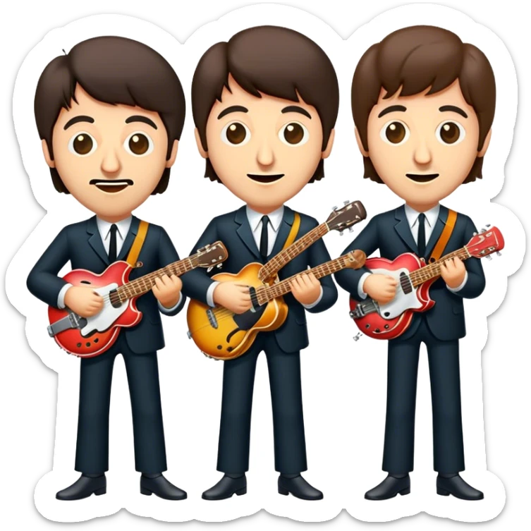 Cinematic Realistic The Beatles Group Emoji, depicted as an iconic band of four exuding playful charisma and musical genius with retro instruments and vibrant expressions, rendered with rich textures and nostalgic dynamic lighting that captures their legendary impact on pop culture. sticker