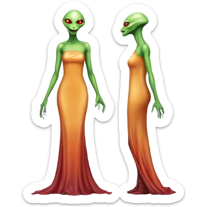 reptilian green alien woman, in long slim pastel orange formal party satin dress with gradient shiny sparkling dark red, full figure, full body sticker