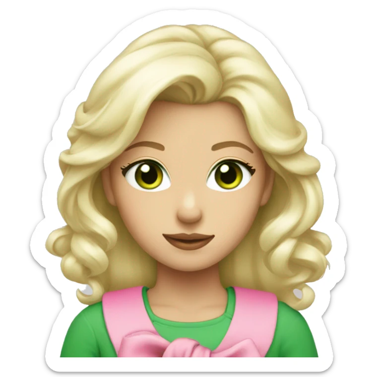 platinum blonde with green eyes wearing a pink bow with green shirt sticker