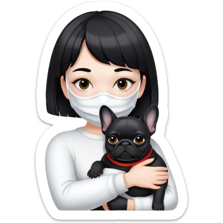 girl with short black straight bangs hair wearing a white mask and hugging a black French bulldog sticker