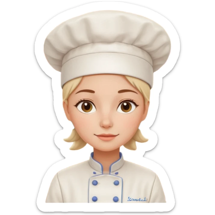 cartoon Apple iOS emoji style woman, pastel colors, Chilean wooden kitchen background, clay pots, warm light, detailed and clean vector art sticker