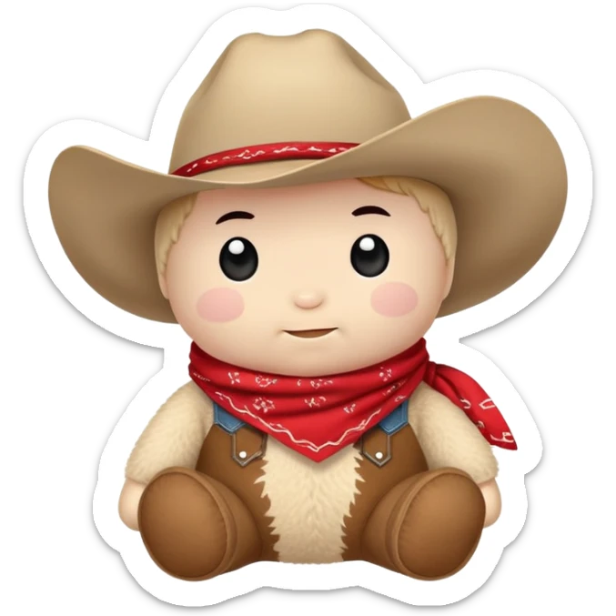 A cuddly baby cowboy plush toy with a red bandana and chubby cheeks sticker