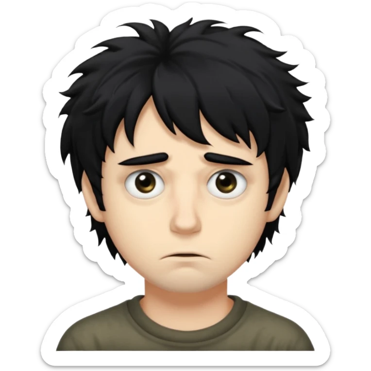 Hair: Messy, shaggy black hair that sticks out in uneven tufts, like he never bothers to style it.

Eyes: Big, heavy-lidded eyes with dark circles/eye bags, giving him a tired, haunted stare.

Skin: Very pale complexion sticker
