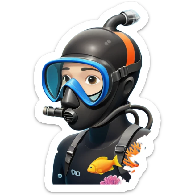 An icon featuring a close-up of a freediving mask and snorkel, with a breath-holding diver's fins, set against a vibrant underwater world. The design includes coral reefs, fish, and bubbles, symbolizing the serene beauty and thrill of freediving. Transparent background highlights the calm sticker