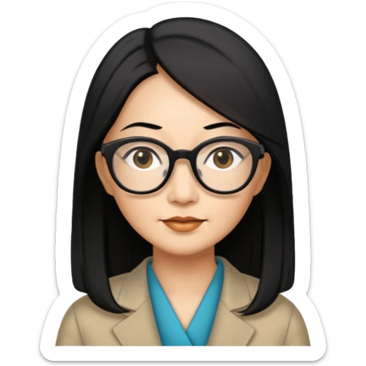 50 yr old asian woman, straight thick long black hair, big black, side part, big glasses sticker