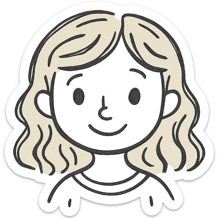 blonde girl with wavy hair and blue eyes, sweet and wholesome, hand-drawn icon style sticker