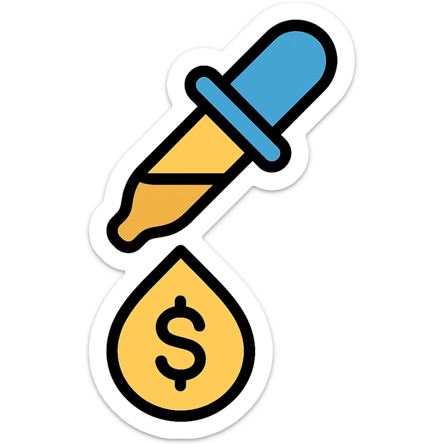 colored icon of a pipette at the top of a golden drop with a dollar sign inside the drop sticker