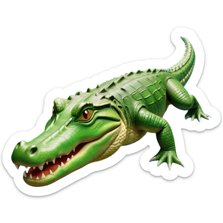 cinematic-crocodile-realistic-full-body-on all fours-emoji,-massive-scaled-body-partially-submerged-in-shallow-water,-head-tilted-dramatically,-rough-green-and-brown-hide-textured-with-deep-ridges,-simplified-yet-realistic-focused-features, head held high sticker