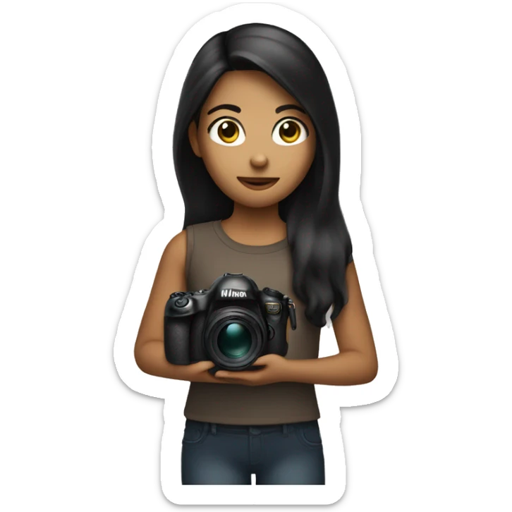 Girl with dark Haie and brown eyes Holding a Nikon Camera in her hands sticker