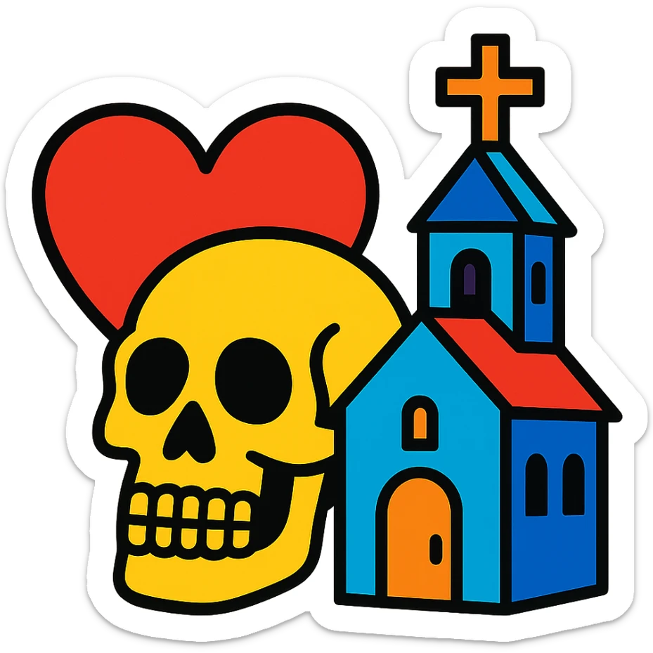 vibrant toon style heart, skull, and church together, no background sticker
