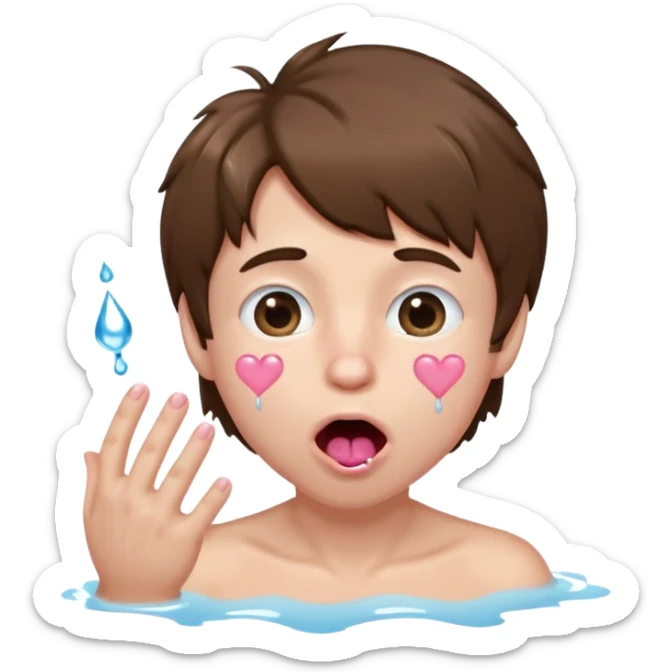 Pale Boy with shaggy brown hair, pink heart shaped eyes looking up , mouth open , water drop dripping from lips, hand grabbing at face  sticker