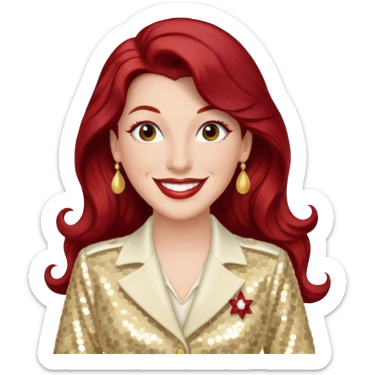 LaVerne Andrews from The Andrews Sisters with long dark red hair, cream sequin outfit sticker