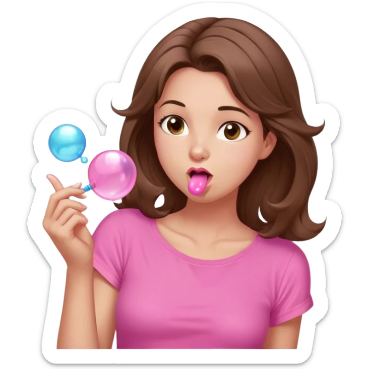 A digital illustration of a cartoon-style woman with shoulder-length brown hair, wearing a pink shirt. She is blowing a pink bubble gum bubble while playfully twirling a strand of her hair with her fingers. Her facial expression is relaxed and carefree. The background is plain white *3d emoji* sticker