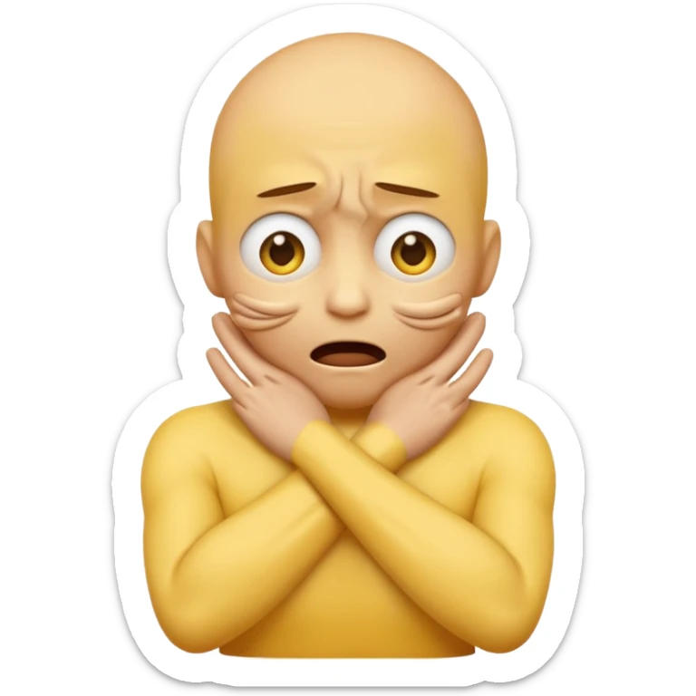 Yellow face emoji strangling itself with 2 arms crossed and hands saround neck and eyes looking up in fear sticker