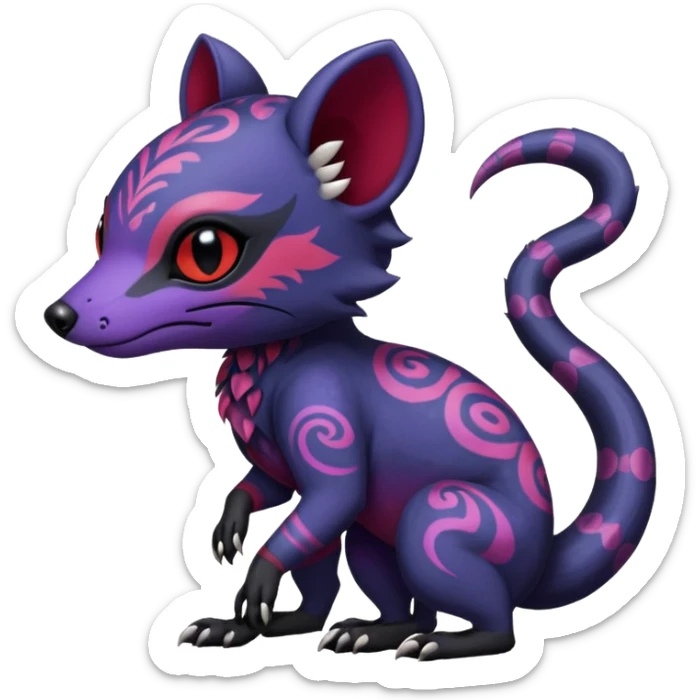 Rare warm-colored exotic gloomy tropical edgy cute epic aesthetic spooky indigo violet purple black red gothic colorful Salandit-Civet-species-Fakemon-hybrid-creature, with tribal tattoo markings, full body sticker
