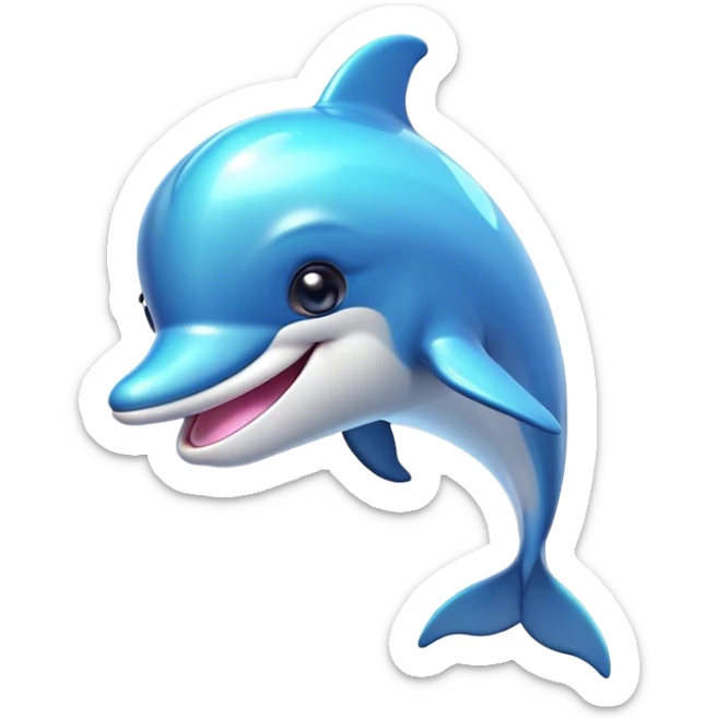 Cinematic Cheeky Dolphin Portrait Emoji, With a playful tilt of its head and a mischievous sparkle in its eyes, showcasing a sleek, shiny body accented by a quirky, animated smile and a cheeky wink, Simplified yet hilariously endearing features, highly detailed, glowing with a vibrant, sassy aquatic glow, high shine, spirited and fun, stylized with an air of quirky marine mischief, soft glowing outline, capturing the essence of a super cute dolphin that looks ready to splash its way into viral fame with playful charm! sticker
