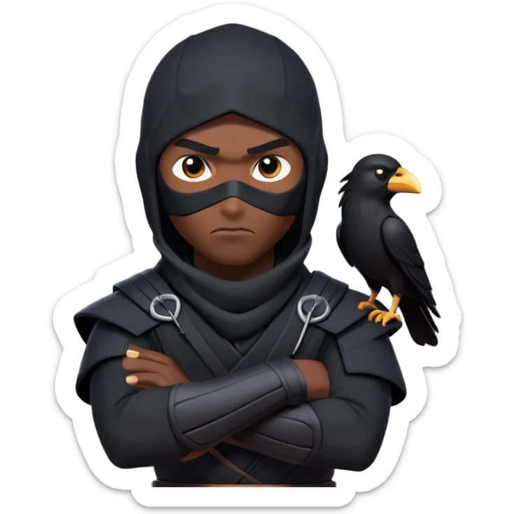 clash-of-clans-aesthetic_-cinematic-mysterious-male-ninja-portrait-emoji, rendered in a flat, vector-style with minimal shading and bold, simplified shapes, with a head slightly turned revealing intense, focused eyes. the ninja has his arm out and perched on top of his forearm is  a  giant black crow sticker
