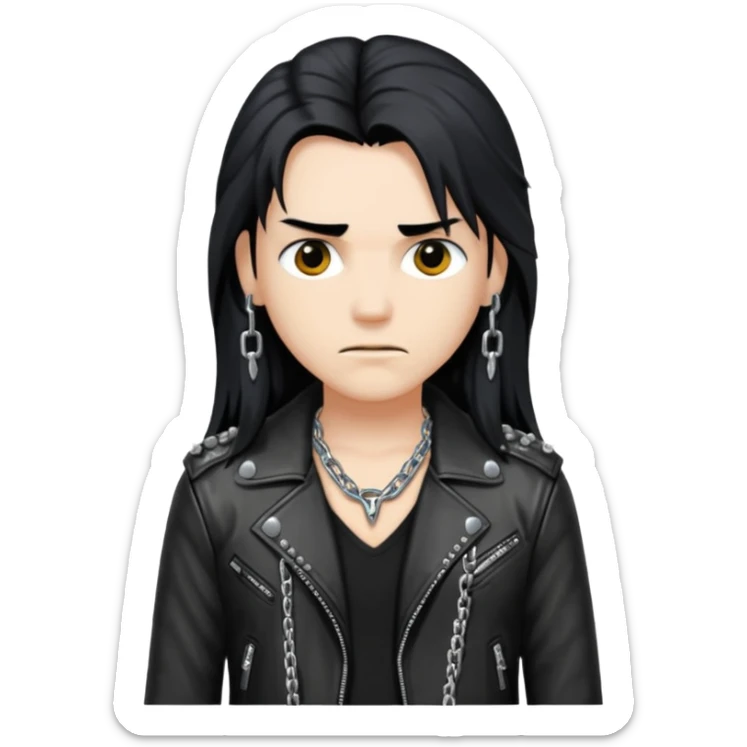 A fan of heavy extreme music, a metalhead with long black hair, rivets in chains on a leather jacket sticker