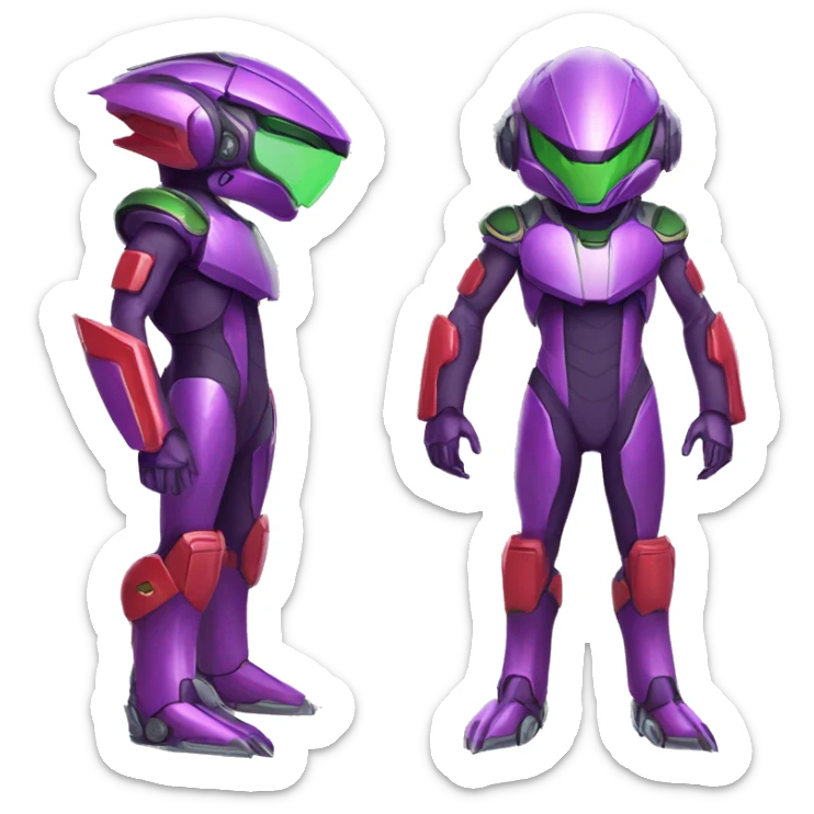 a shiny purple-green-red Genesect-Raptor-Fakémon—hybrid with a futuristic visor-helmet full body sticker