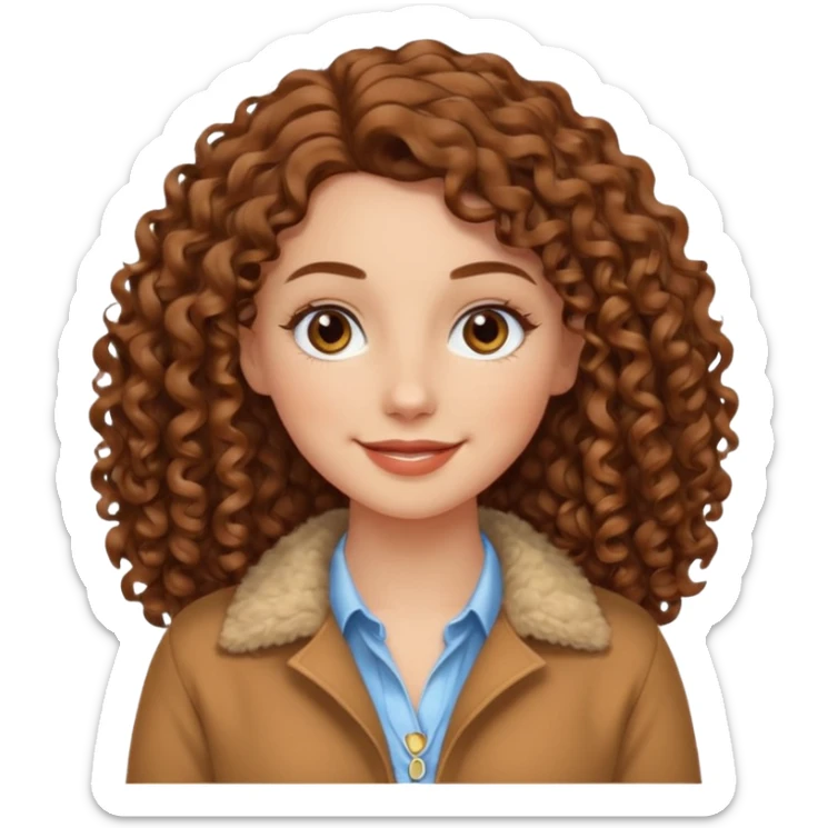 White girl with brown long 3A curly hair, brown almond shape eyes, refined wide nose, natural lips. Cute clothnig sticker