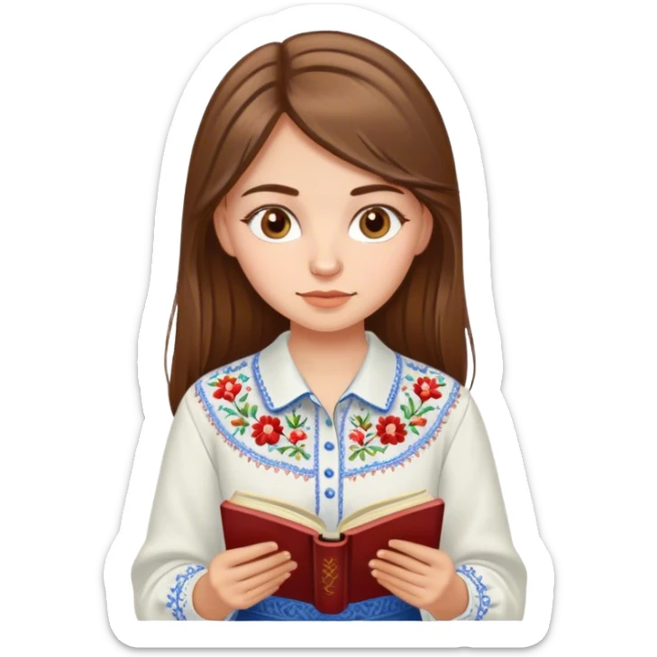 A Ukrainian girl with brown hair in an embroidered shirt reads a book sticker