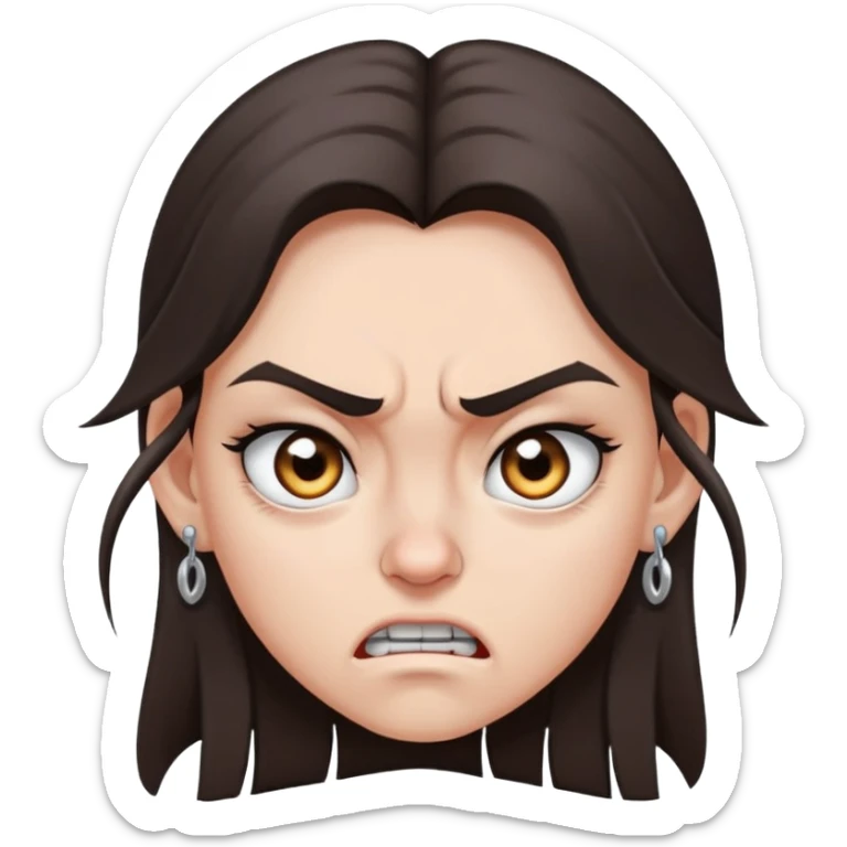 angry girl with long dark brown hair, grey eyes, nose earring on right, pierced ears sticker