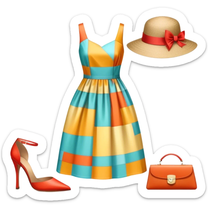 Icon for Fashion Design: a pattern of a bright, beautiful dress with measurements, a ruler, and pencil, along with a hat, shoes, and a handbag. The icon should represent fashion design with attention to detail and style. Transparent background. sticker